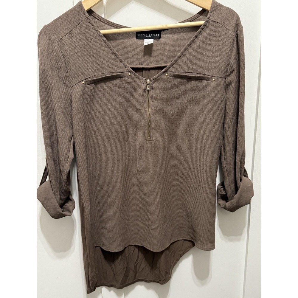 Simply‎ Styled Petite Medium Long Sleeve Brown Fall Classic Top Asymmetrical Top